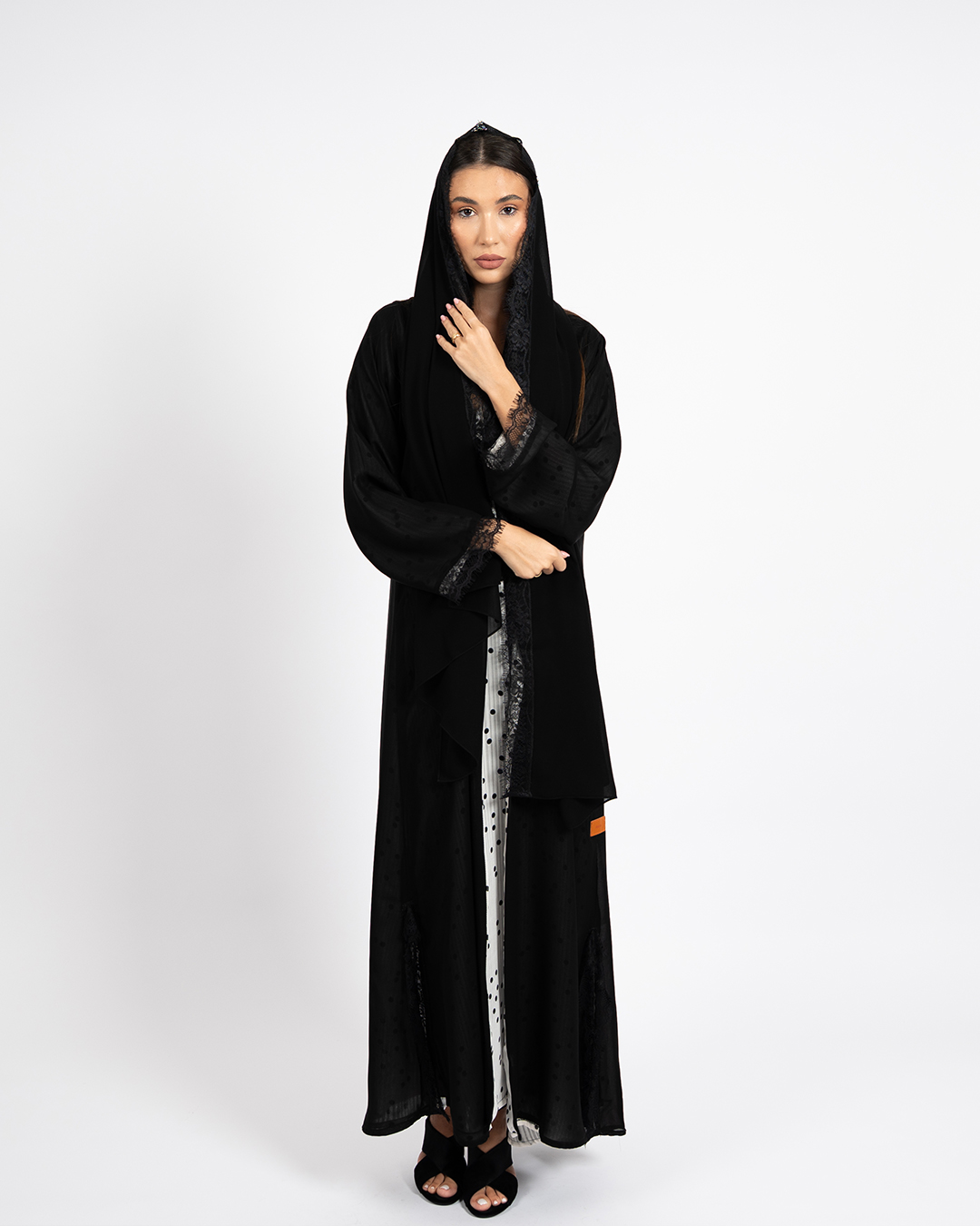 Black Dotted Chiffon Abaya with Lace