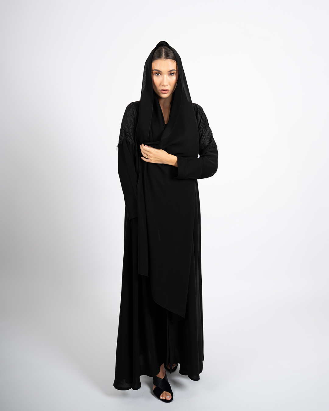 Classic Black Abaya with Lace Sleeve Detail