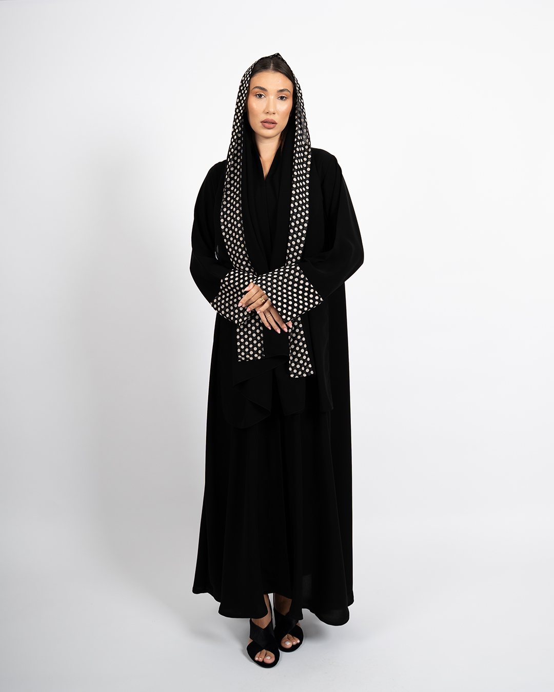 Black Abaya with Polka Dot Panels