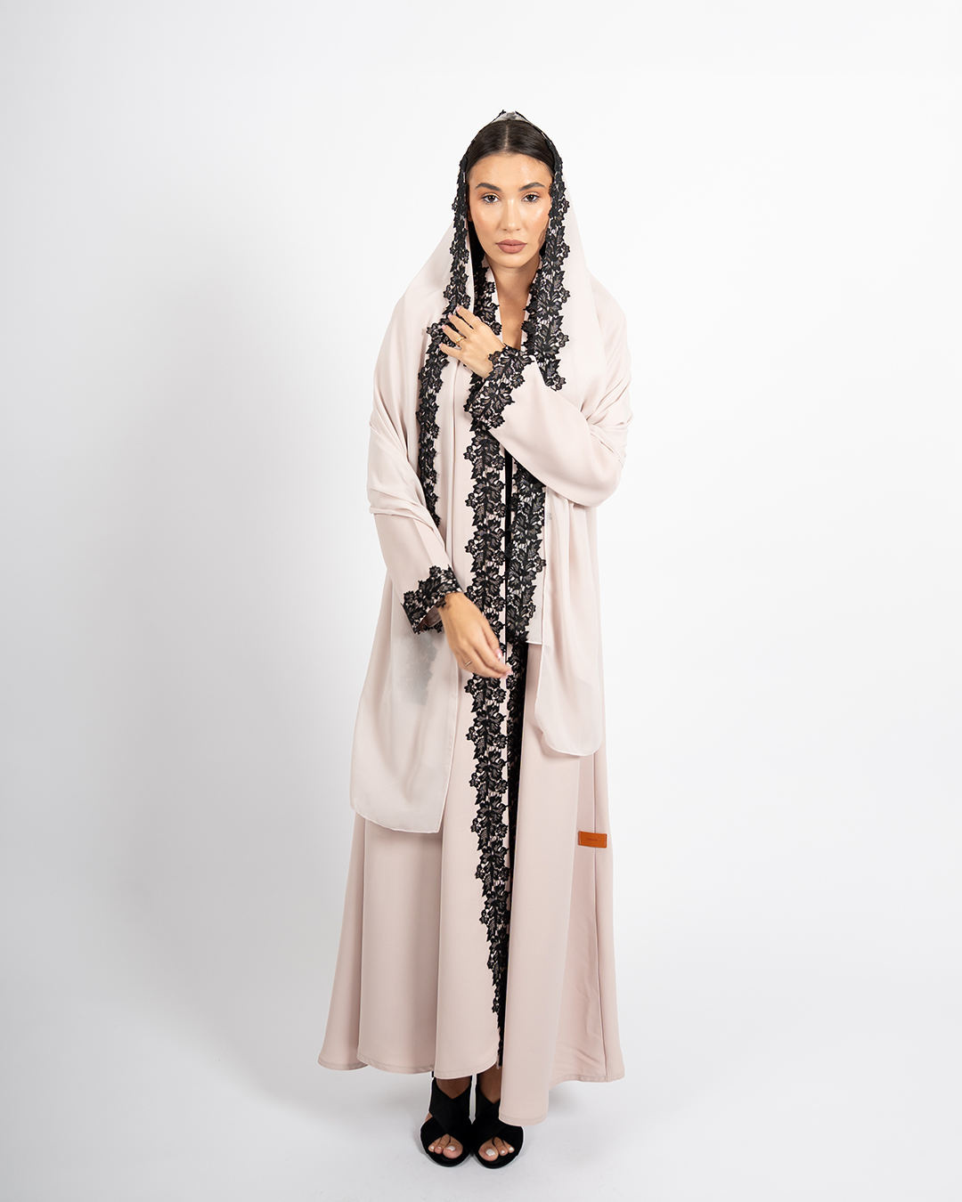 Beige Abaya with Black Floral Lace