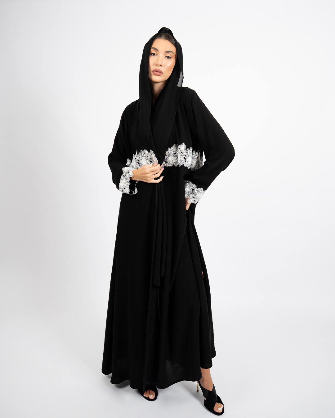 Black Abaya with White Floral Lace